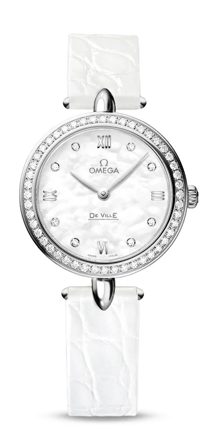 Omega De Ville Stainless Steel 27.4 MM - White Leather Strap - Diamond Bezel - White Mother -Of- Pearl Diamond Dial - 424.18.27.60.55.001 nyc watcher nyc watches