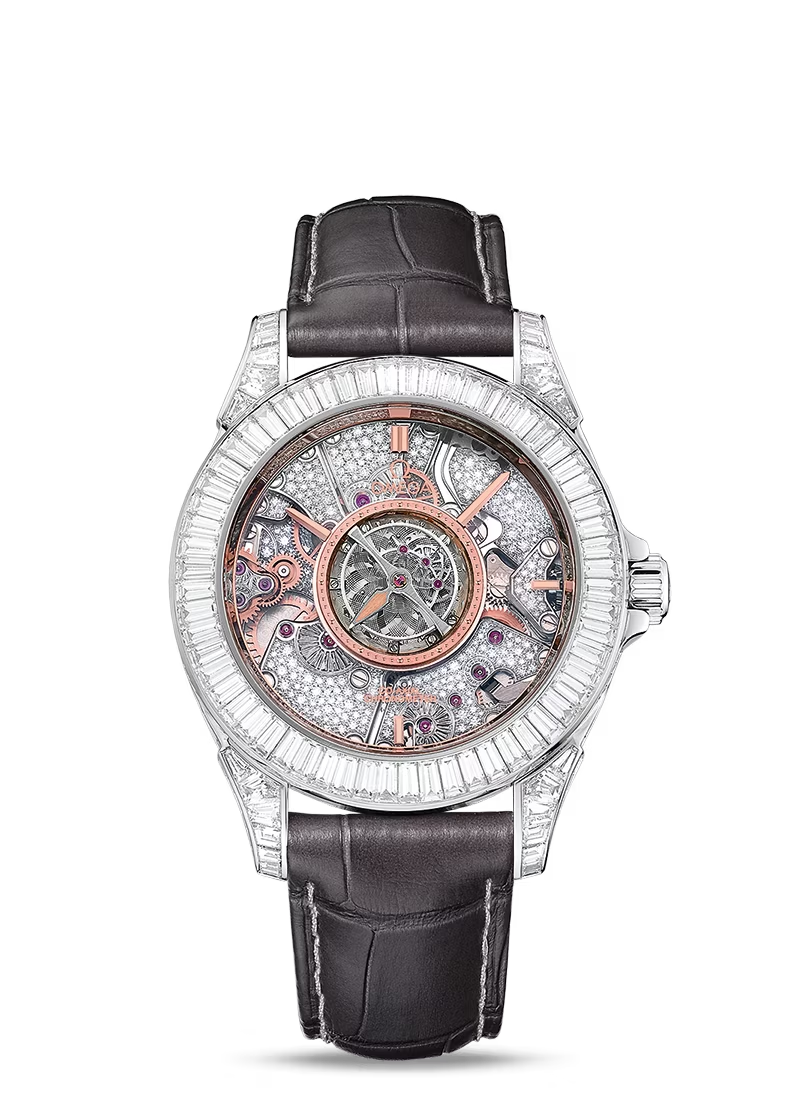 Omega De Ville Platinum 38.7 MM - Grey Leather Strap - Diamond Bezel - Skeleton Diamond Dial - 513.98.39.21.56.001 nyc watcher nyc watches