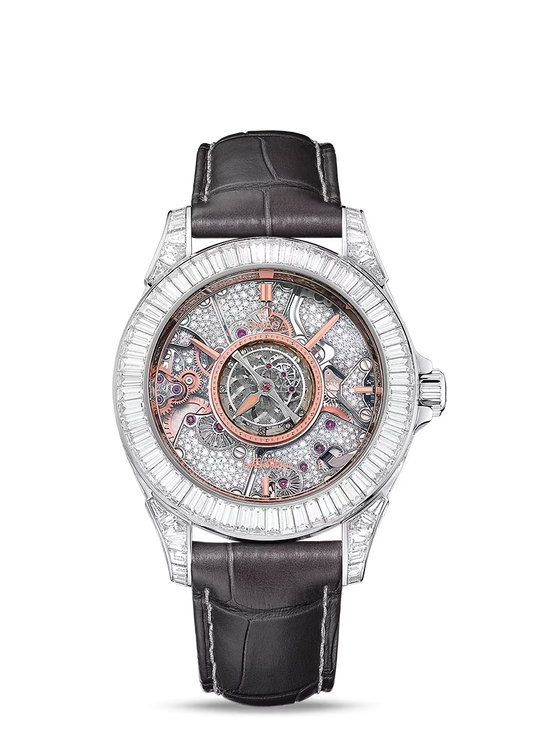 Omega De Ville Platinum 38.7 MM - Grey Leather Strap - Diamond Bezel - Skeleton Diamond Dial - 513.98.39.21.56.001 nyc watcher nyc watches