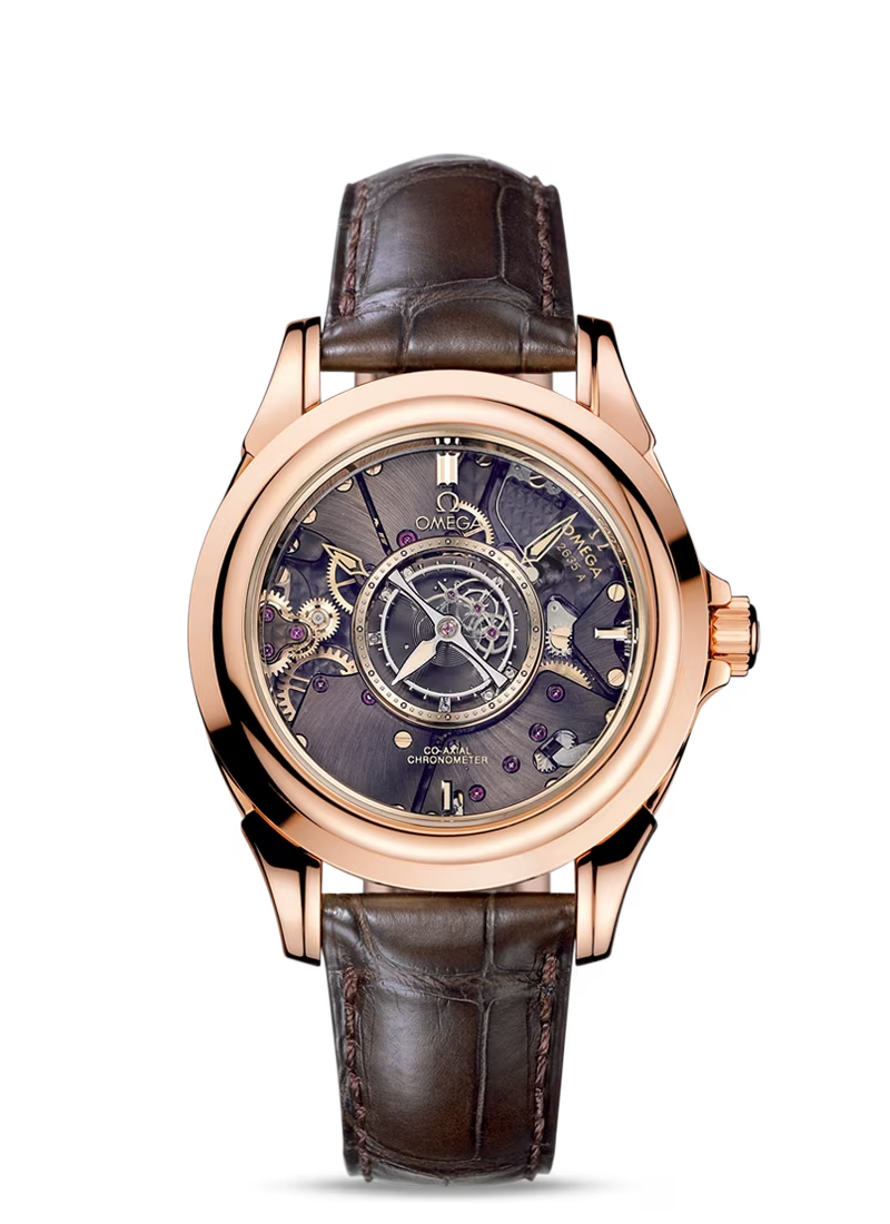 Omega De Ville Rose Gold 38.7 MM - Brown Leather Strap - Skeleton Dial - 513.53.39.21.99.001 nyc watcher nyc watches