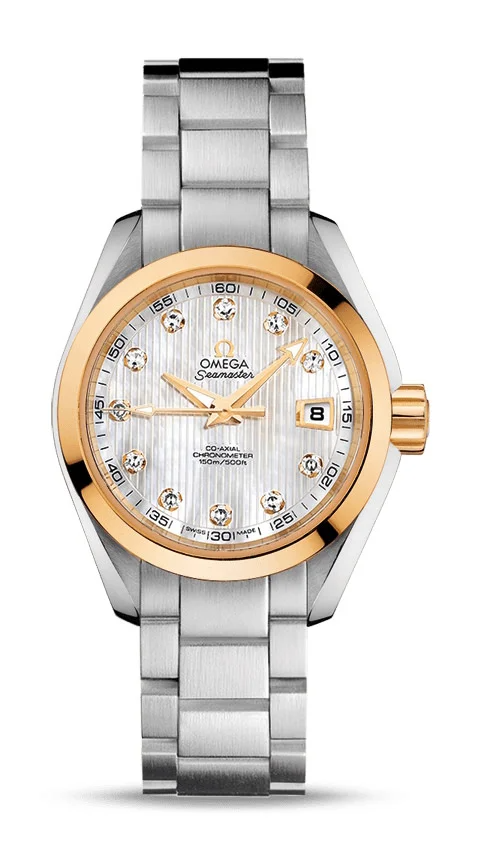 Omega Seamaster Aqua Terra Co Axial Yellow Gold and Stainless Steel 30 MM - Yellow Gold and Stainless Steel  Bracelet - White Mother-Of-Pearl Diamond Dial - 231.20.30.20.55.004