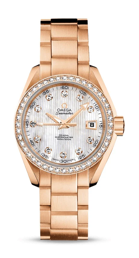 Omega Seamaster Aqua Terra Co Axial Rose Gold 30 MM - Rose Gold Bracelet - Diamond Bezel - White Mother-Of-Pearl Diamond Dial - 231.55.30.20.55.001