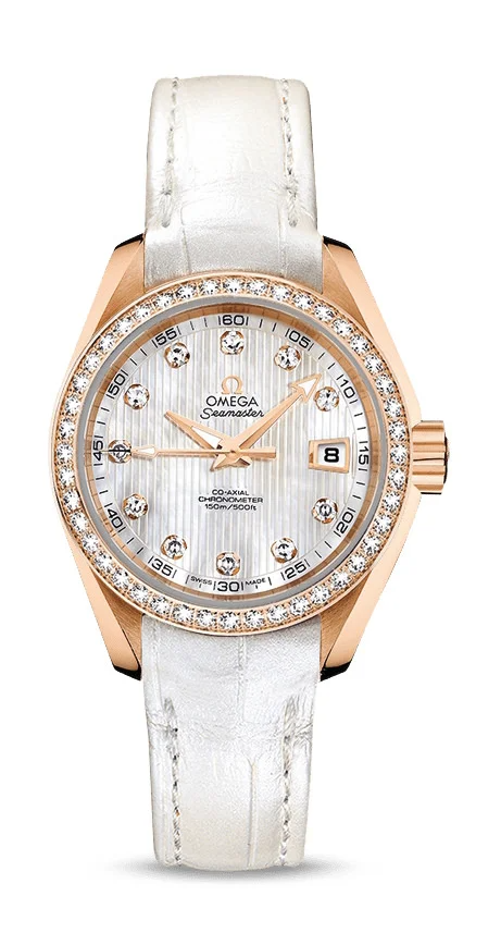 Omega Seamaster Aqua Terra Co Axial Rose Gold 30 MM - White Leather Strap - Diamond Bezel - White Mother-Of-Pearl Diamond Dial - 231.58.30.20.55.001