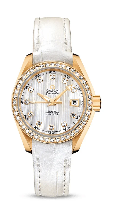 Omega Seamaster Aqua Terra Co Axial Yellow Gold 30 MM - White Leather Strap - Diamond Bezel - White Mother-Of-Pearl Diamond Dial - 231.58.30.20.55.002