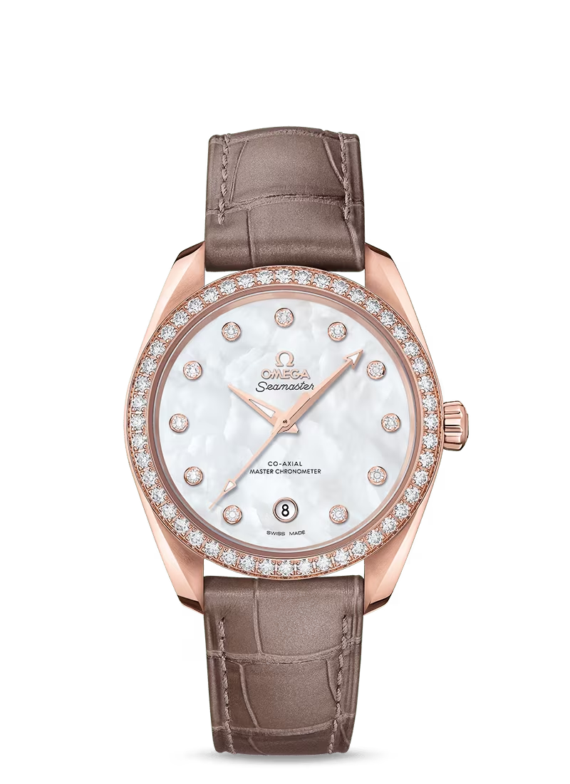 Omega Seamaster Rose Gold 38 MM - Brown Leather Strap - Diamond Bezel - White Mother-Of-Pearl Diamond Dial - 220.58.38.20.55.001