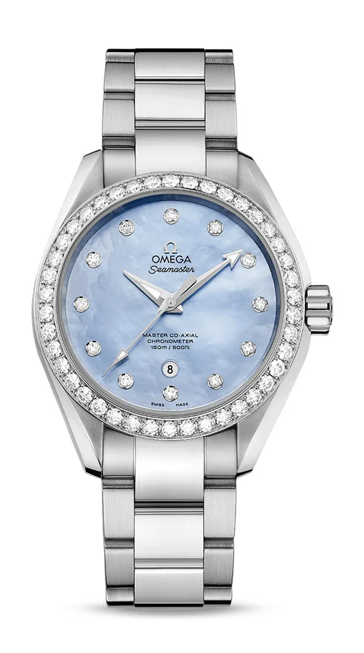 Omega Seamaster Aqua Terra Co Axial Stainless Steel 34 MM - Stainless Steel Bracelet - Diamond Bezel - Blue Mother-Of-Pearl Diamond Dial - 231.15.34.20.57.002