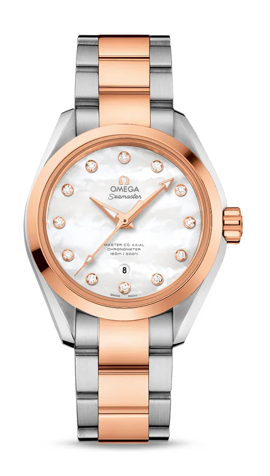 Omega Seamaster Aqua Terra Co Axial Stainless Steel and Rose Gold 34 MM - Stainless Steel and Rose Gold Bracelet - White Mother-Of-Pearl Diamond Dial - 231.20.34.20.55.001