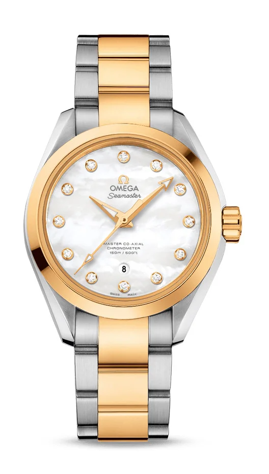 Omega Seamaster Aqua Terra Co Axial Stainless Steel and Yellow Gold 34 MM - Stainless Steel and Yellow Gold Bracelet - White Mother-Of-Pearl Diamond Dial - 231.20.34.20.55.002