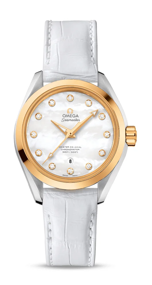 Omega Seamaster Aqua Terra Co Axial Yellow Gold and Stainless Steel 34 MM - White Leather Strap - Diamond Bezel - White Mother-Of-Pearl Diamond Dial - 231.23.34.20.55.002