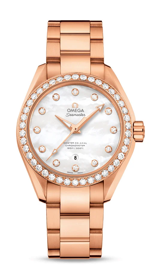 Omega Seamaster Aqua Terra Co Axial Rose Gold 34 MM - Rose Gold Bracelet - Diamond Bezel - White Mother-Of-Pearl Diamond Dial - 231.55.34.20.55.003