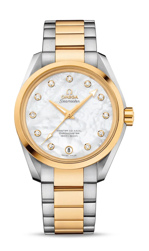 Omega Seamaster Aqua Terra Co Axial Stainless Steel and Yellow Gold 38.5 MM - Stainless Steel and Yellow Gold Bracelet - White Mother-Of-Pearl Diamond Dial - 231.20.39.21.55.004