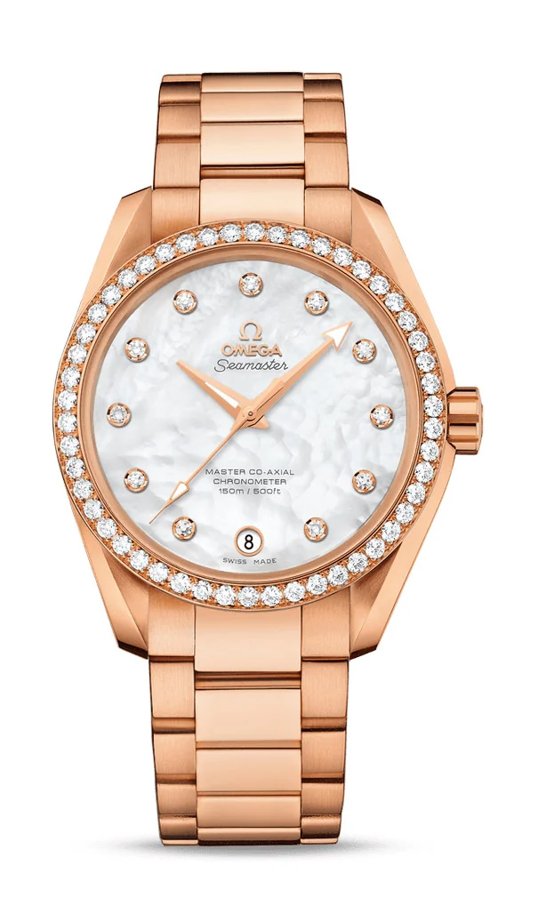 Omega Seamaster Aqua Terra Co Axial Rose Gold 38.5 MM - Rose Gold Bracelet - Diamond Bezel - White Mother-Of-Pearl Diamond Dial - 231.55.39.21.55.001