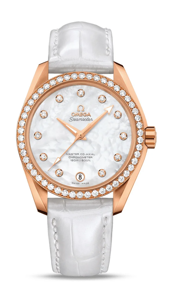 Omega Seamaster Aqua Terra Co Axial Rose Gold 38.5 MM - White Leather Strap - Diamond Bezel - White Mother-Of-Pearl Diamond Dial - 231.58.39.21.55.001