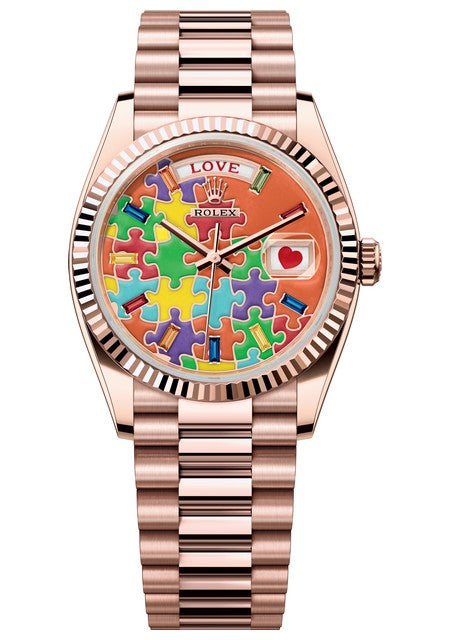 Rolex Rose Gold Day-Date Watch - 36 MM - President bracelet - Fluted Bezel - Orange Puzzle Dial - 128235-0063