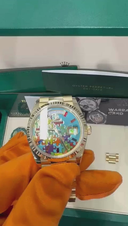 Rolex Yellow Gold Day-Date Watch - 36 MM - President bracelet - Fluted Bezel - Blue Puzzle Dial - 128238-0106
