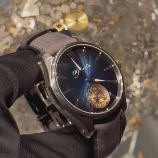 H. Moser & Cie Pioneer Tourbillon - Limited to 50 pieces - Stainless Steel - 43 MM - Black Leather Strap - Midnight Blue Fumé Dial - 3804-1201