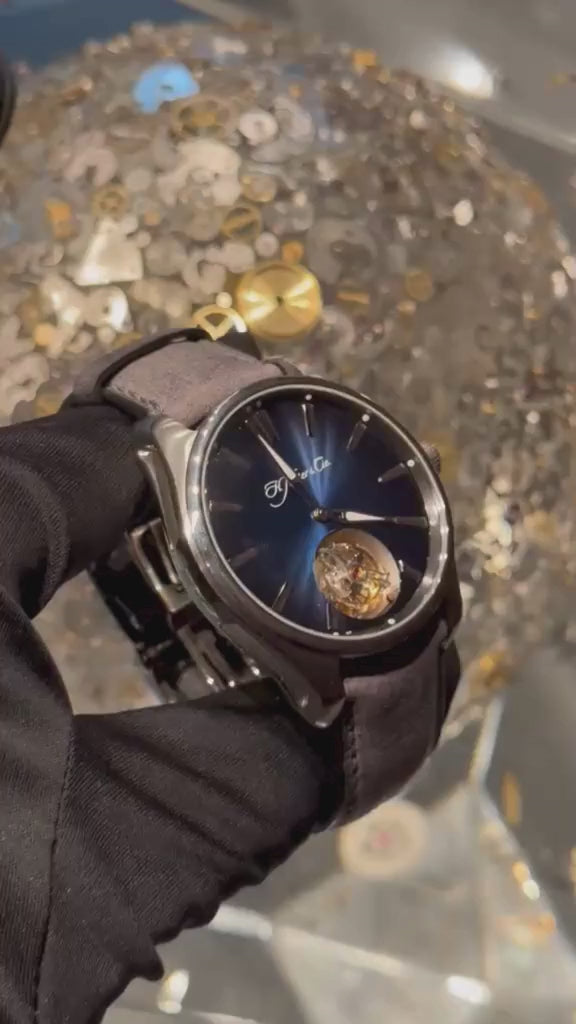 H. Moser & Cie Pioneer Tourbillon - Limited to 50 pieces - Stainless Steel - 43 MM - Black Leather Strap - Midnight Blue Fumé Dial - 3804-1201