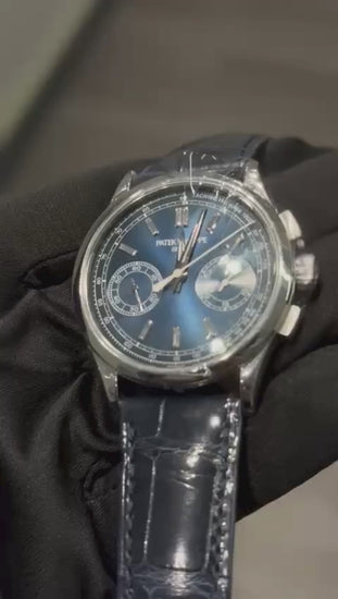 Patek Philippe Complications - Chronograph - 39 MM - Platinum - Blue Baguette Dial - Leather Bracelet - 5170P-001