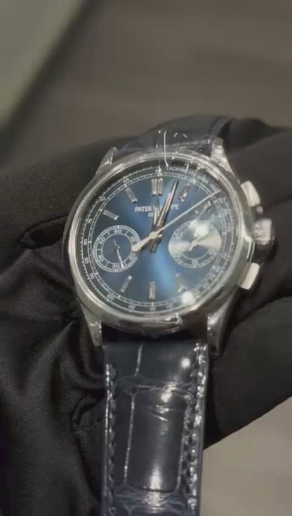Patek Philippe Complications - Chronograph - 39 MM - Platinum - Blue Baguette Dial - Leather Bracelet - 5170P-001