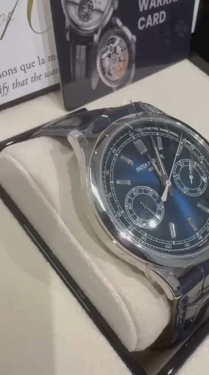 Patek Philippe Complications - Chronograph - 39 MM - Platinum - Blue Baguette Dial - Leather Bracelet - 5170P-001