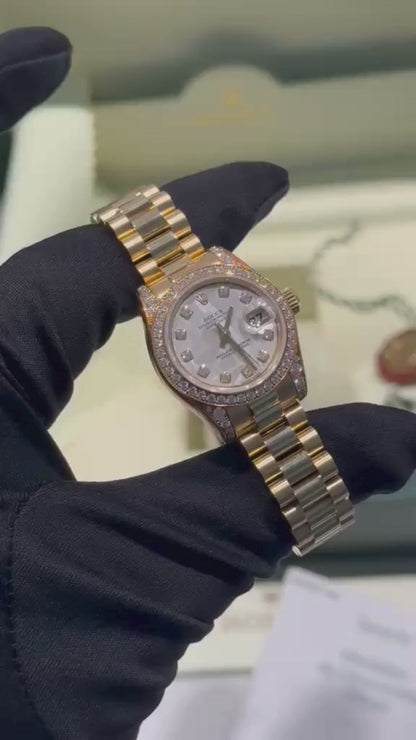 Rolex Lady-Datejust Yellow Gold - 26 MM - President Bracelet - Diamond Bezel - Meteorite Dial - 179158