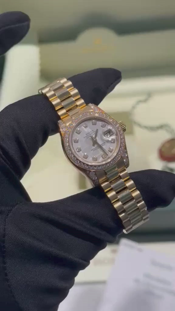 Rolex Lady-Datejust Yellow Gold - 26 MM - President Bracelet - Diamond Bezel - Meteorite Dial - 179158