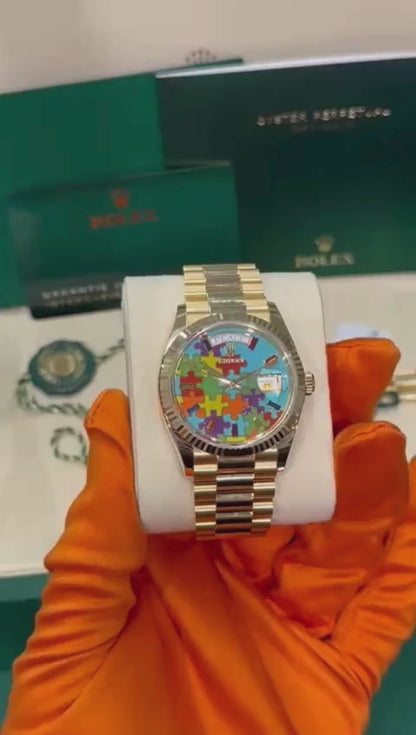 Rolex Yellow Gold Day-Date Watch - 36 MM - President bracelet - Fluted Bezel - Blue Puzzle Dial - 128238-0106