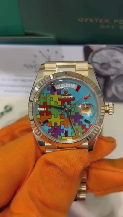 Rolex Yellow Gold Day-Date Watch - 36 MM - President bracelet - Fluted Bezel - Blue Puzzle Dial - 128238-0106