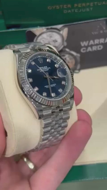 Rolex Stainless Steel and White Gold Datejust 41 Date Watch - 41 MM - Jubilee Bracelet - Fluted Bezel - Blue Diamond Dial - 126334-0016
