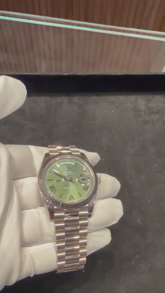 Rolex Presidential White Gold Day-Date 40MM - President Bracelet Watch - Olive Green Bevelled Roman Dial - 228239-0033