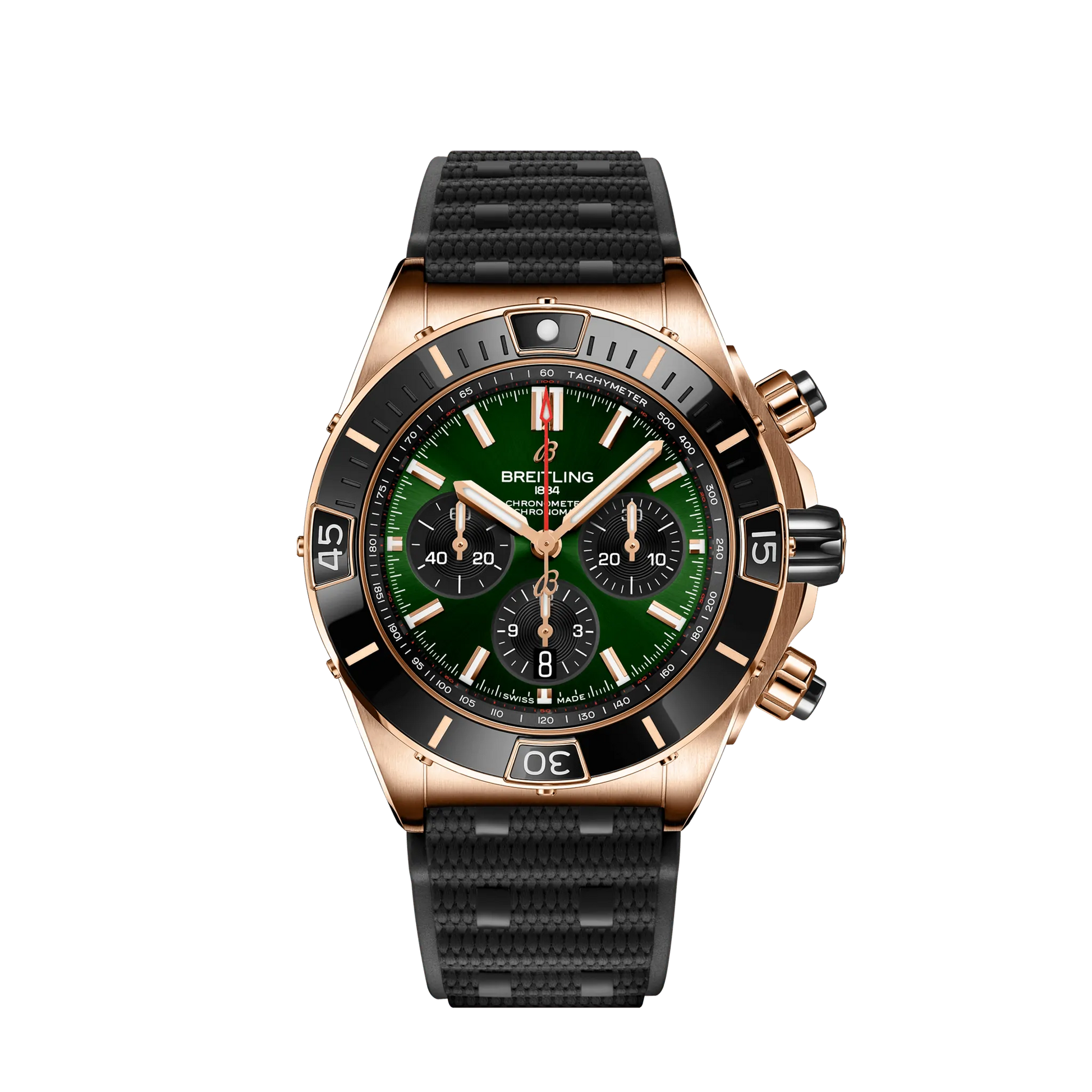 Breitling Chronomat Rose Gold 44 MM - Black Rubber Strap - Green Dial - RB01361A1L1S1