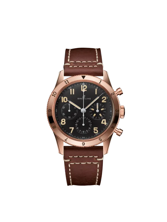 Breitling Classic AVI Rose Gold 41 MM - Brown Calfskin Strap - Black Dial - RB0920131B1X1