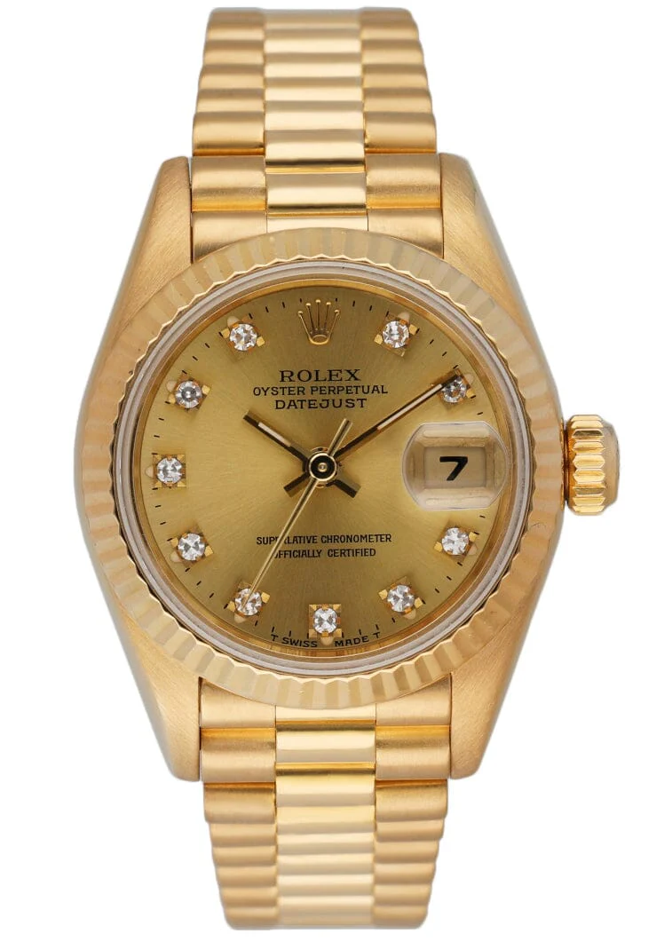 Rolex Datejust - 26 MM - Yellow Gold - President Bracelet - Fluted Bezel - Champagne Diamond Dial - 68178 chdp