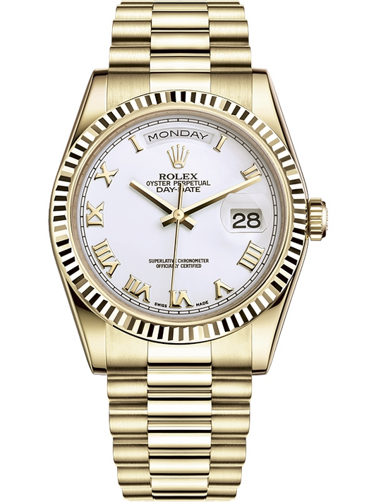 Rolex Presidential Yellow Gold Gold Day-Date 36 MM - President Bracelet Watch - Fluted Bezel - White Roman Dial - 118238