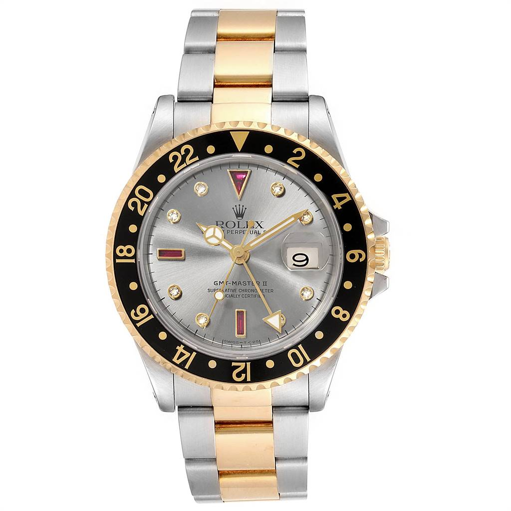 Rolex GMT-Master II - 40MM - Steel & Yellow Gold - Black Bezel - Silver Serti Dial - 16713bsiso