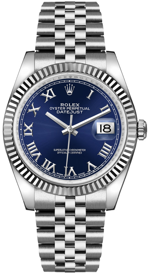 Rolex Datejust - 36 MM - Steel - Blue Roman Dial - White Gold Fluted Bezel - Jubilee - 116234