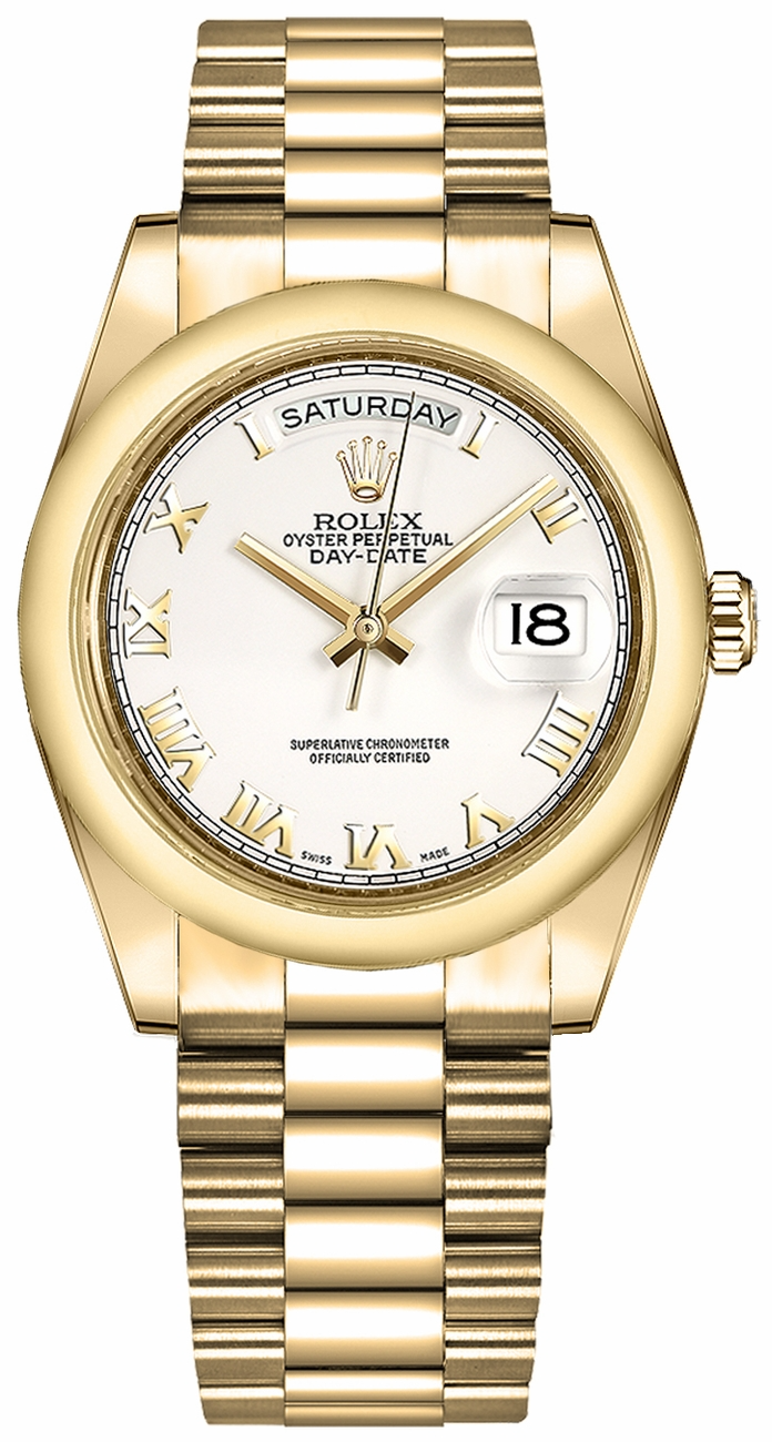 Rolex Presidential Yellow Gold Day-Date 36MM - President Bracelet Watch - White Roman Dial - 118208 PWR