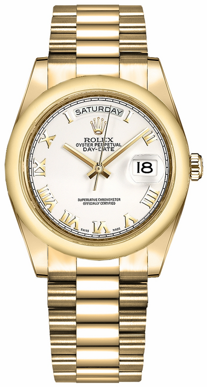 Rolex Presidential Yellow Gold Day-Date 36MM - President Bracelet Watch - White Roman Dial - 118208 PWR