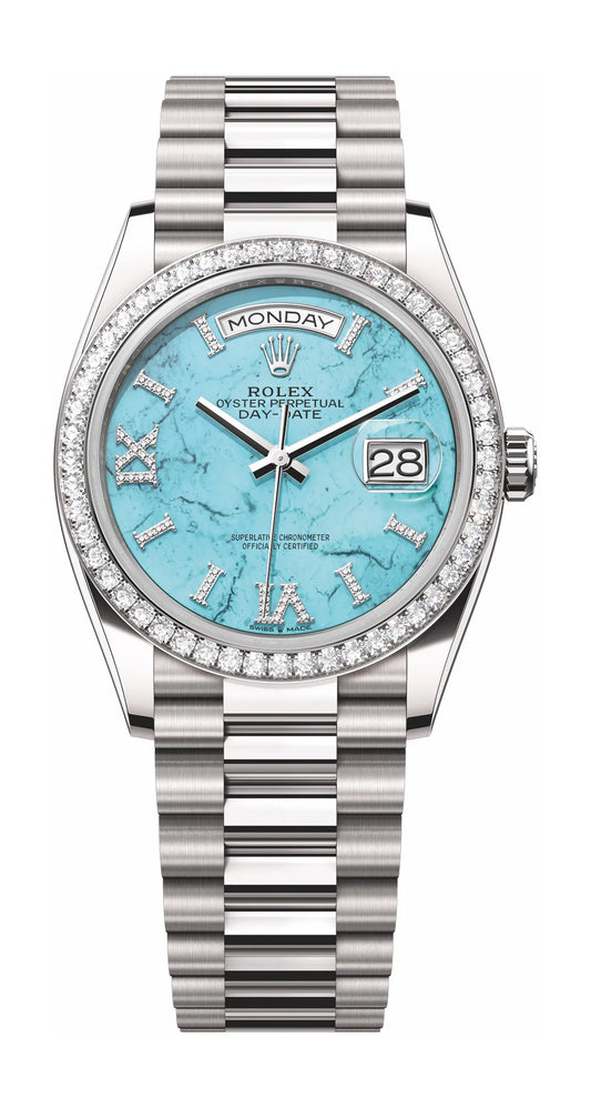 Rolex White Gold Day-Date Watch - 36 MM - Oyster Bracelet - Diamond Bezel - Turquoise Roman Dial - 128349RBR-0031