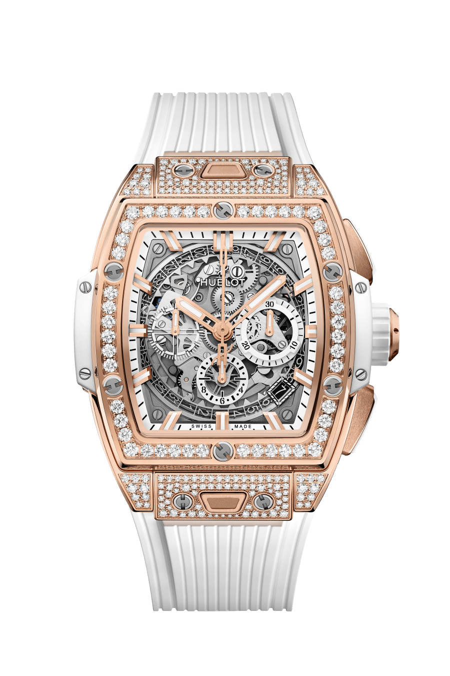 Hublot Spirit of Big Bang King Gold White Pave 42 MM - White Rubber Strap - Diamond Bezel - Sapphire Crystal Dial - 642.OE.2010.RW.1604