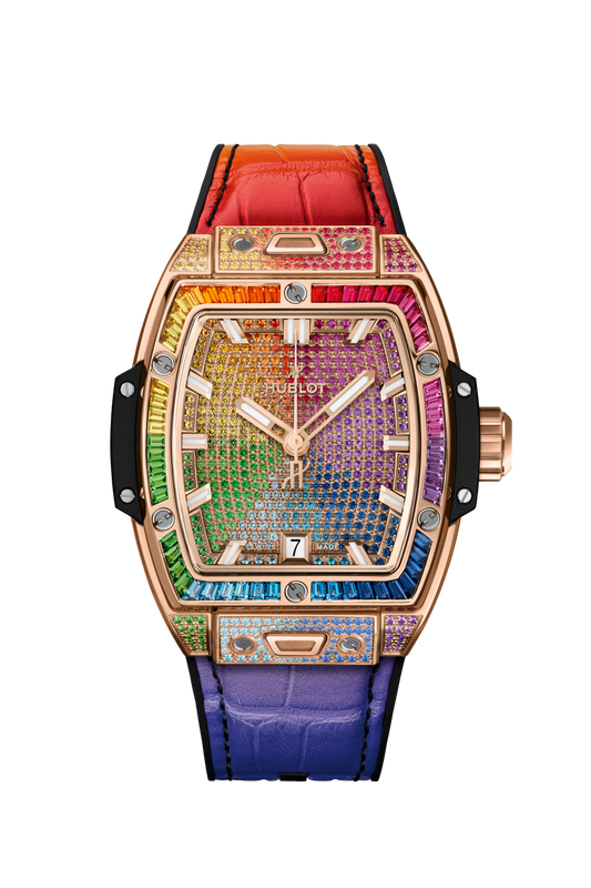 Hublot Spirit of Big Bang King Gold Rainbow 39 MM - Black Rubber and Multicolored Alligator Leather Straps - Diamond Bezel - Colored Gemstones Dial -  662.OX.9900.LR.0999