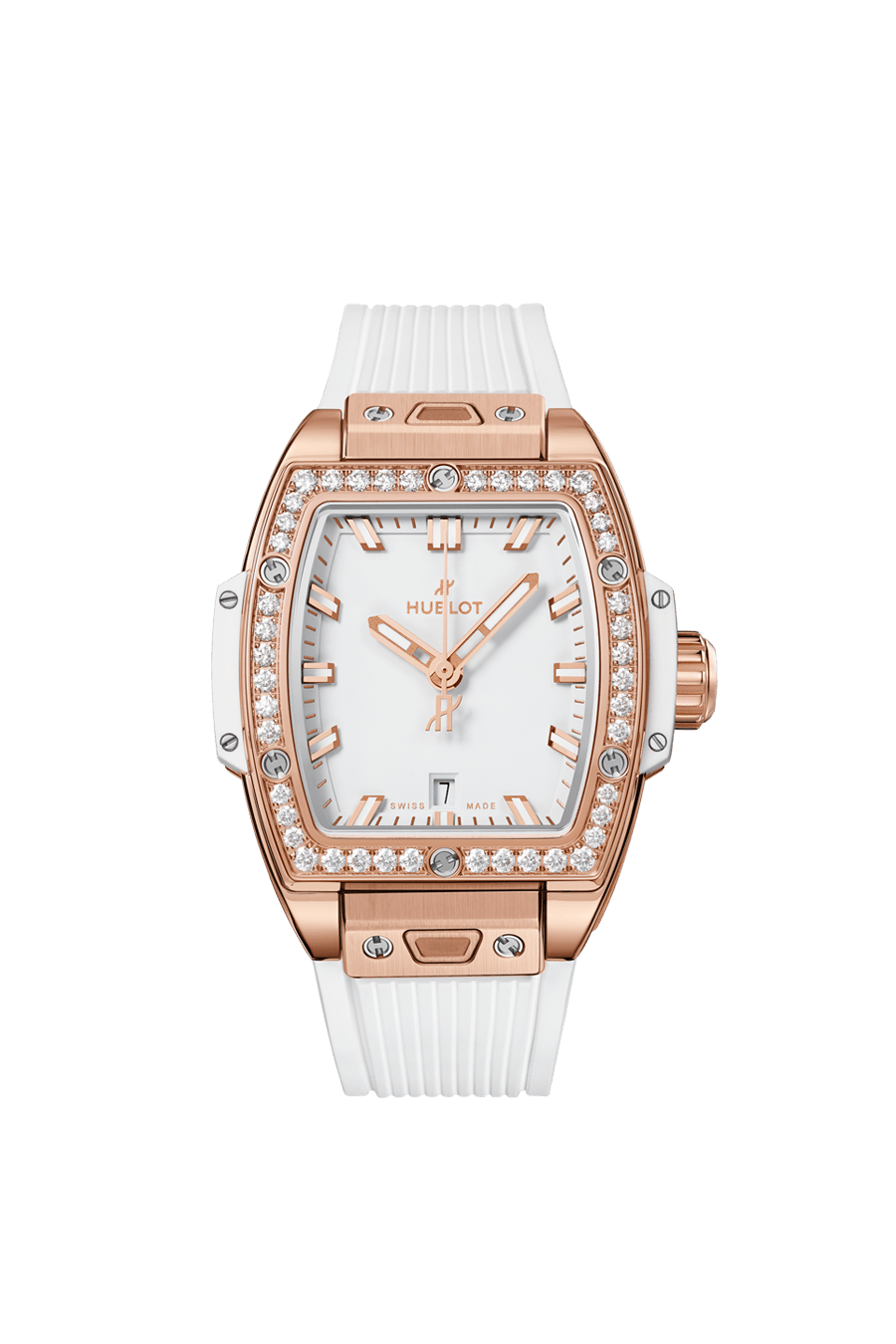 Hublot Spirit of Big Bang King Gold White Diamonds 32 MM - White Rubber Strap - Diamond Bezel - Matte White Dial - 682.OE.2080.RW.1204