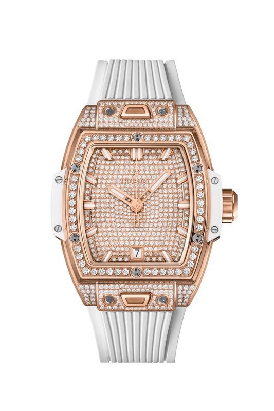 Hublot Spirit of Big Bang King Gold White Full Pave 39 MM - White Rubber Strap - Diamond Bezel - King Gold Diamond Dial - 662.OE.9000.RW.1604