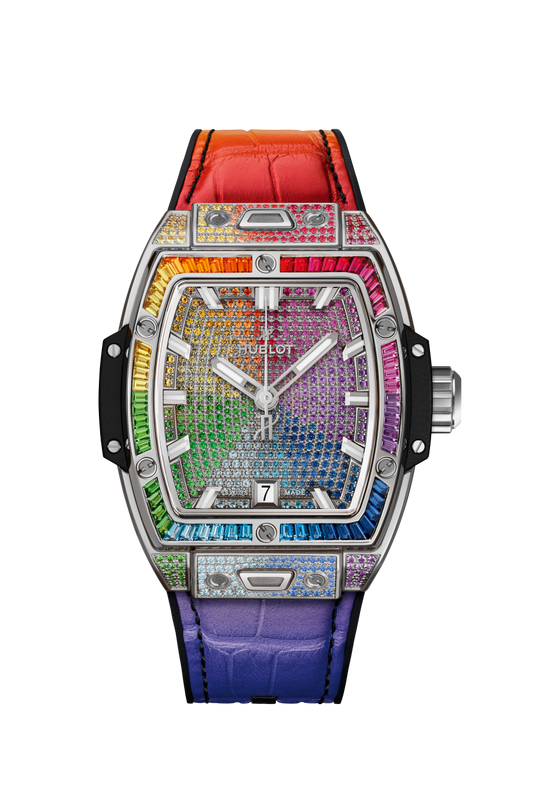 Hublot Spirit of Big Bang Titanium Rainbow 39 MM - Black Rubber and Multicolored Alligator Leather Straps - Diamond Bezel - Colored Gemstones Dial  - 662.NX.9900.LR.0999