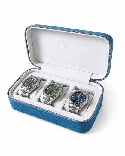 NYC Watches Triple-Watch Zippered Protective Travel Case - Teal Blue - Gray Zipper