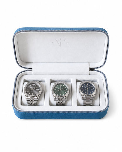 NYC Watches Triple-Watch Zippered Protective Travel Case - Teal Blue - Gray Zipper