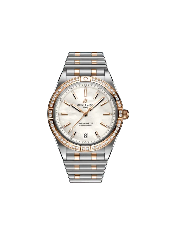 Breitling Chronomat Stainless Steel and Rose Gold 36 MM - Stainless Steel and Rose Gold Bracelet - Diamond Bezel - Mother-Of-Pearl Dial - U10380591A2U1