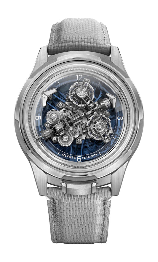 Ulysse Nardin Super Freak - Limited Edition - White Gold Case - 44 MM - Gray Rubber Strap - Skeletonized Blue Dial - 2520-500LE-3A-BLUE/3A