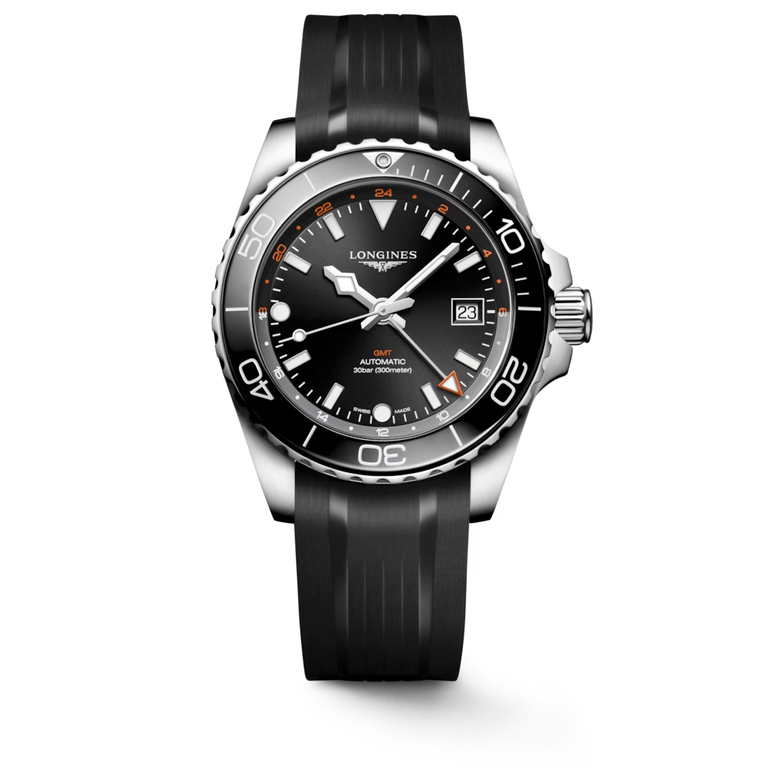 Longiness Hydroconquest GMT Stainless Steel And Ceramic 41 MM - Black Rubber Strap - Black Dial - L3.790.4.56.9