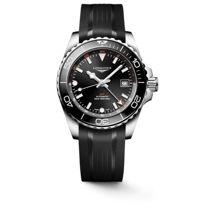 Longiness Hydroconquest GMT Stainless Steel And Ceramic 41 MM - Black Rubber Strap - Black Dial - L3.790.4.56.9
